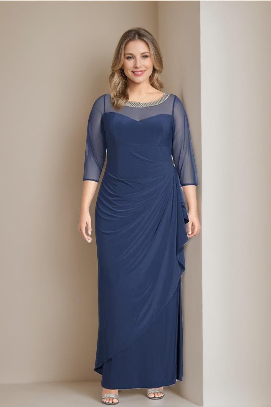 Plus Size Mother of the Bride Ruffled Dress with 3/4 Sleeves and Ankle Length Sheath Column Silhouette
