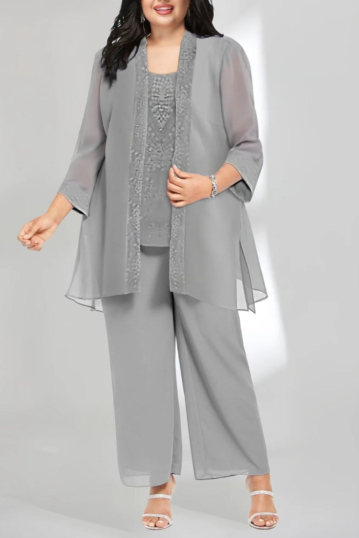 Plus Size Mother of the Bride Scoop Neck Ankle Length Chiffon Pantsuit with Jacket