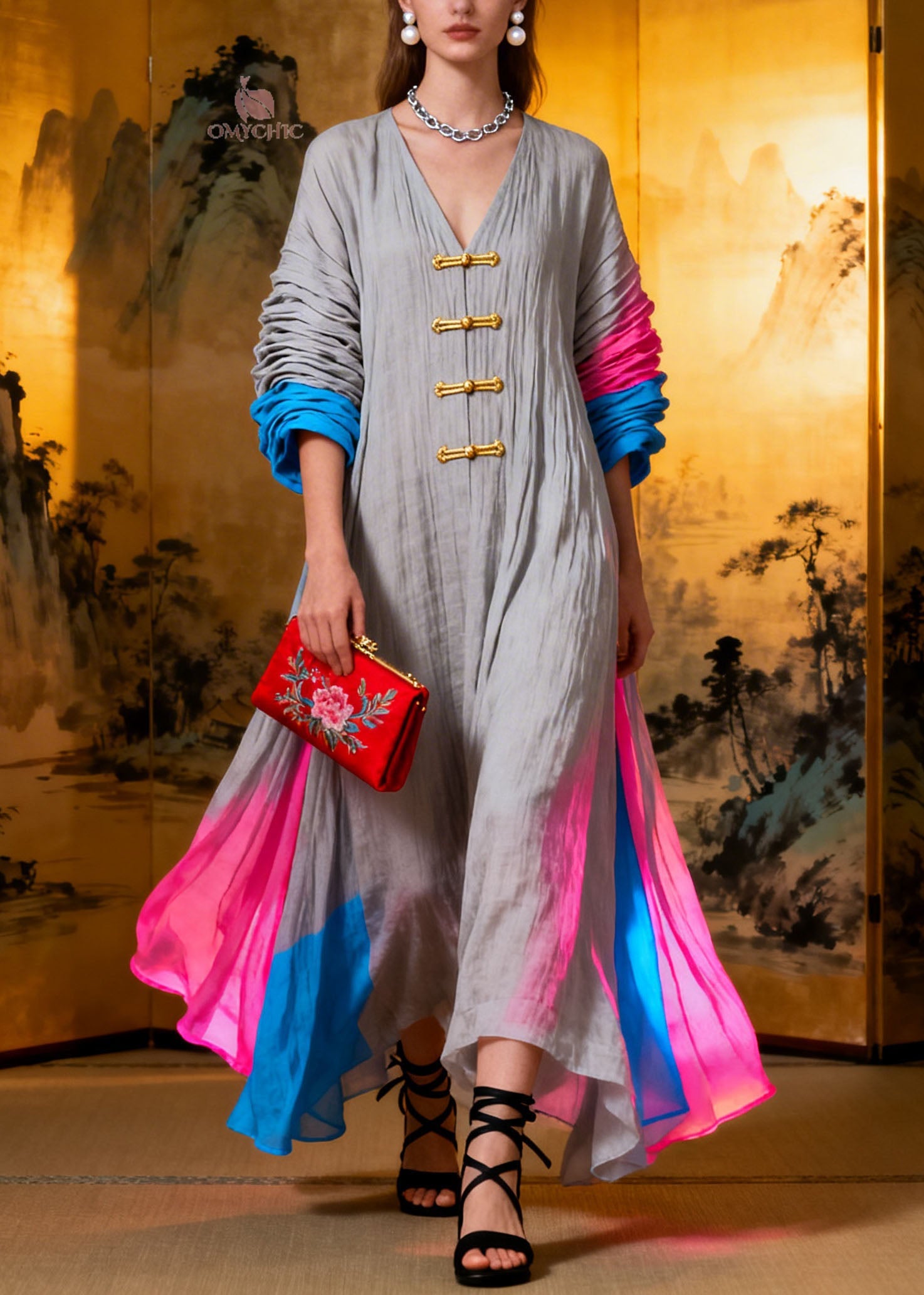 Plus Size New Colorblock V Neck Patchwork Cotton Dress Summer