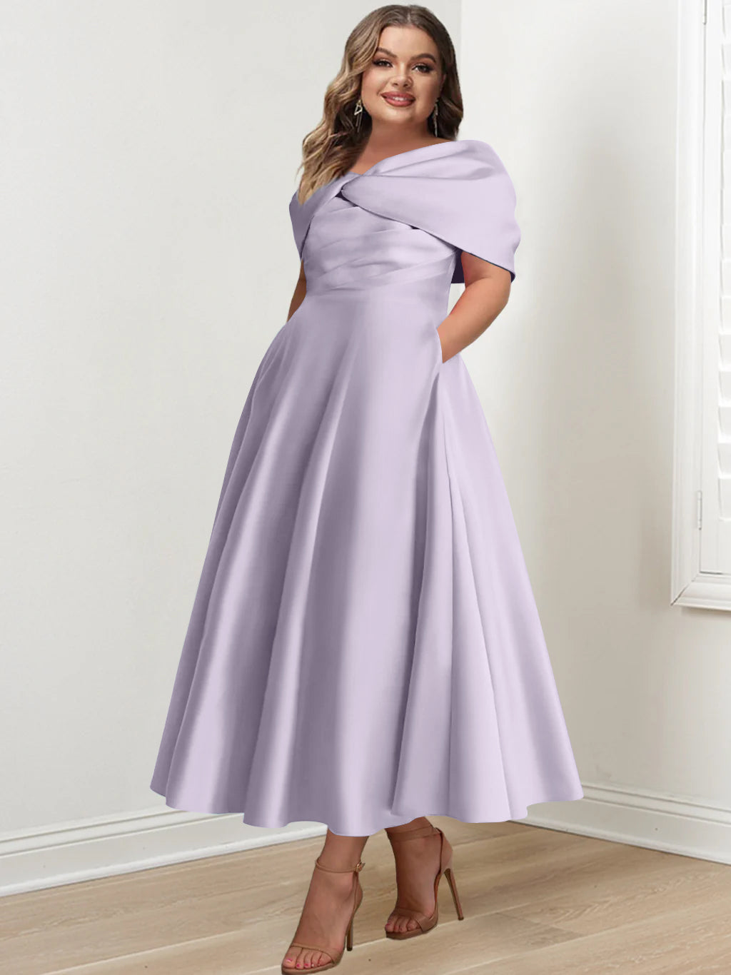 Plus Size Off The Shoulder A Line Ankle Length Mother Of The Bride Dress With Ruffles & Bowknot