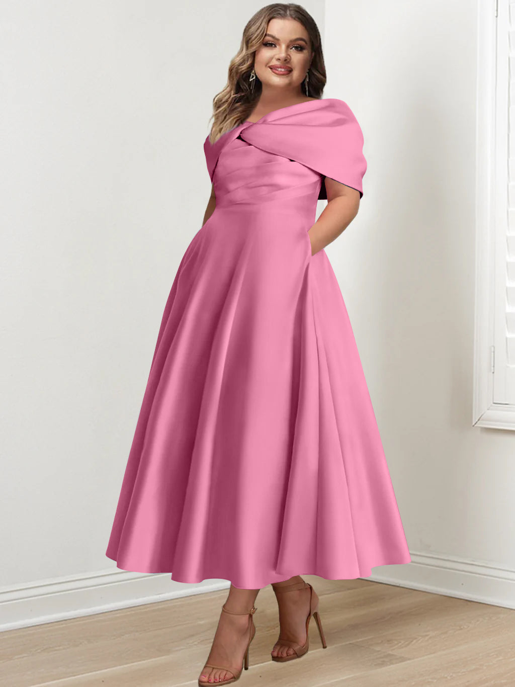 Plus Size Off The Shoulder A Line Ankle Length Mother Of The Bride Dress With Ruffles & Bowknot