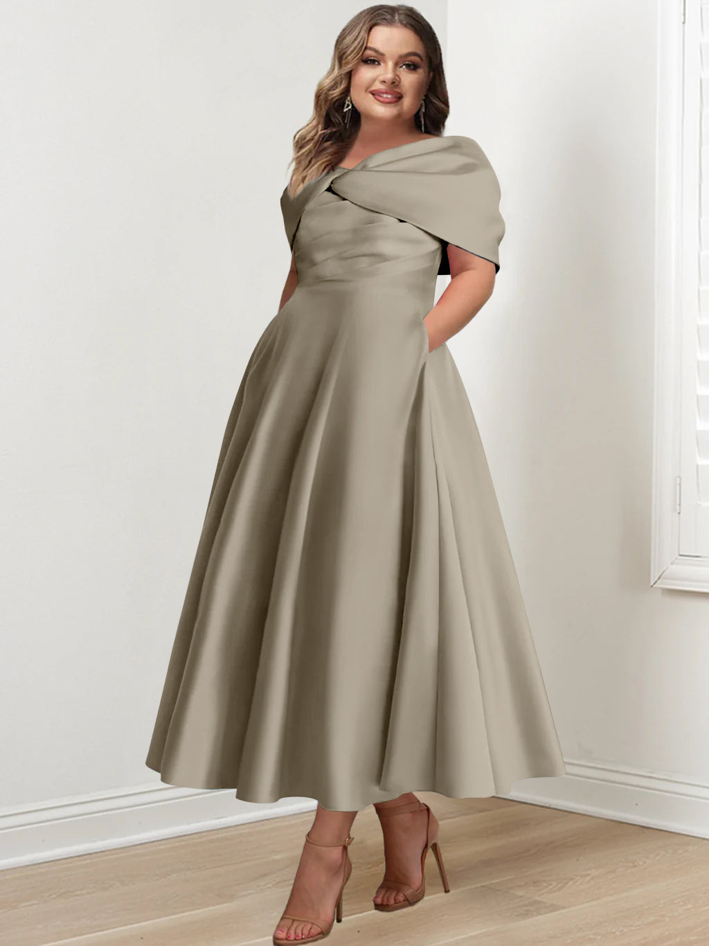 Plus Size Off The Shoulder A Line Ankle Length Mother Of The Bride Dress With Ruffles & Bowknot