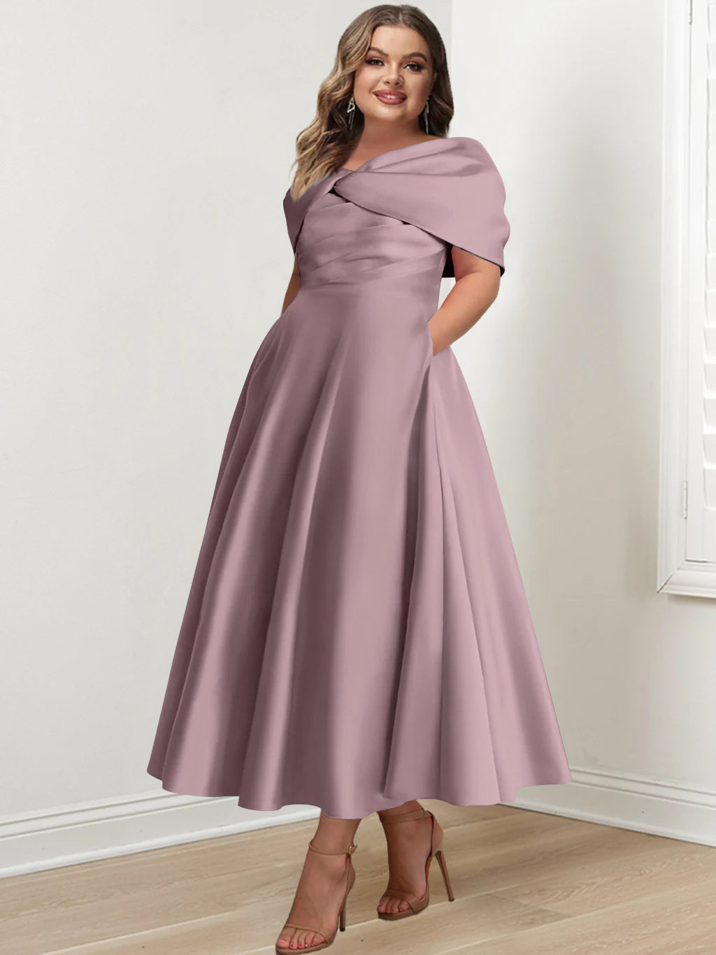 Plus Size Off The Shoulder A Line Ankle Length Mother Of The Bride Dress With Ruffles & Bowknot