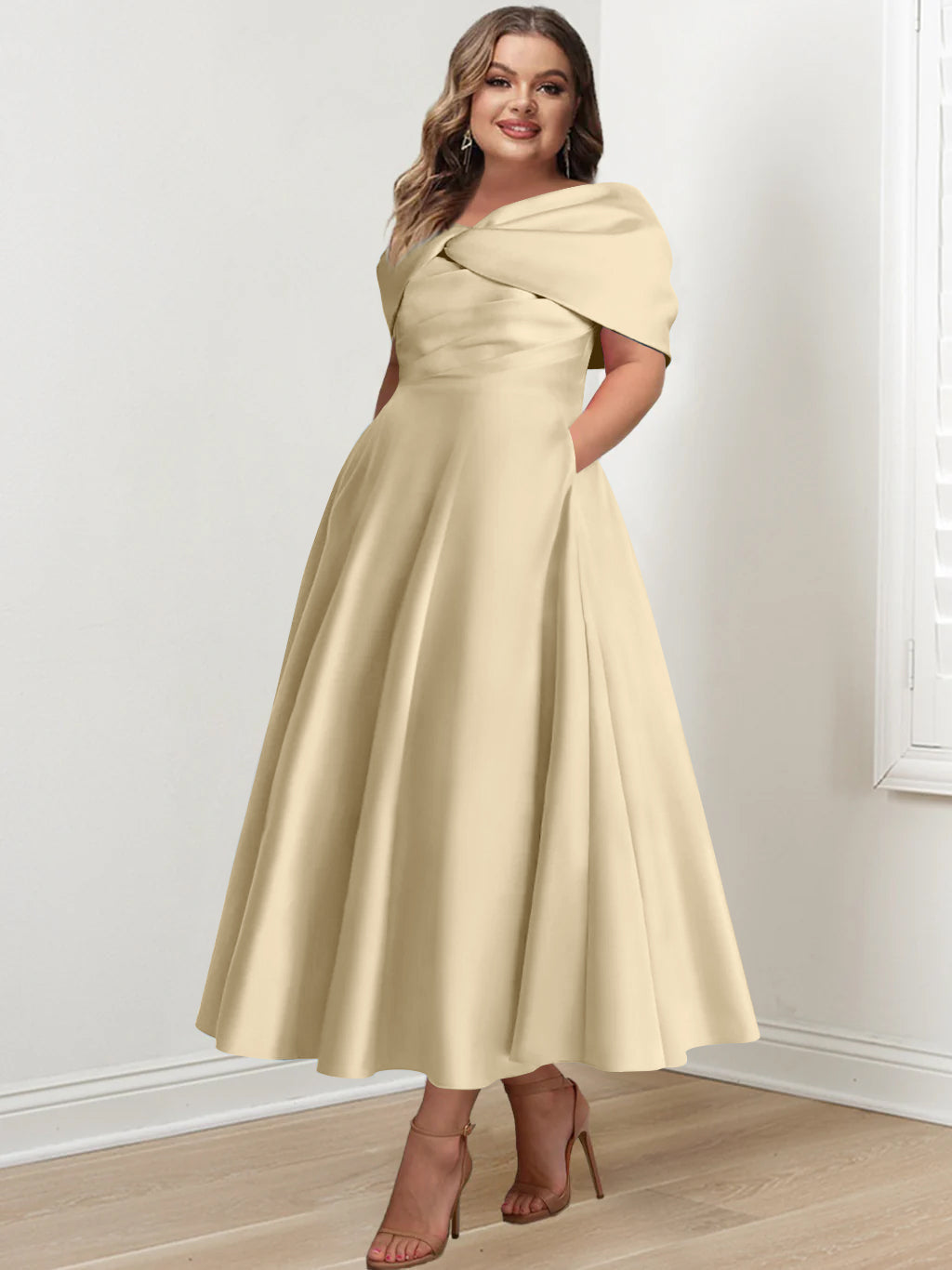 Plus Size Off The Shoulder A Line Ankle Length Mother Of The Bride Dress With Ruffles & Bowknot