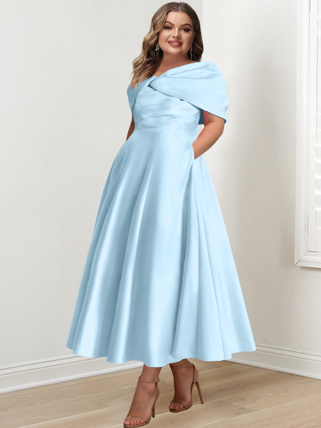 Plus Size Off The Shoulder A Line Ankle Length Mother Of The Bride Dress With Ruffles & Bowknot