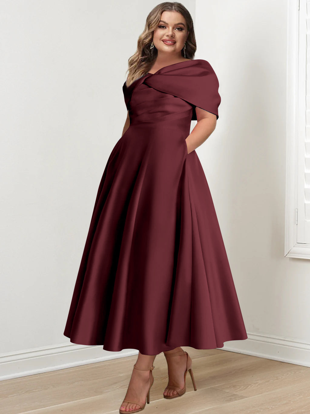 Plus Size Off The Shoulder A Line Ankle Length Mother Of The Bride Dress With Ruffles & Bowknot