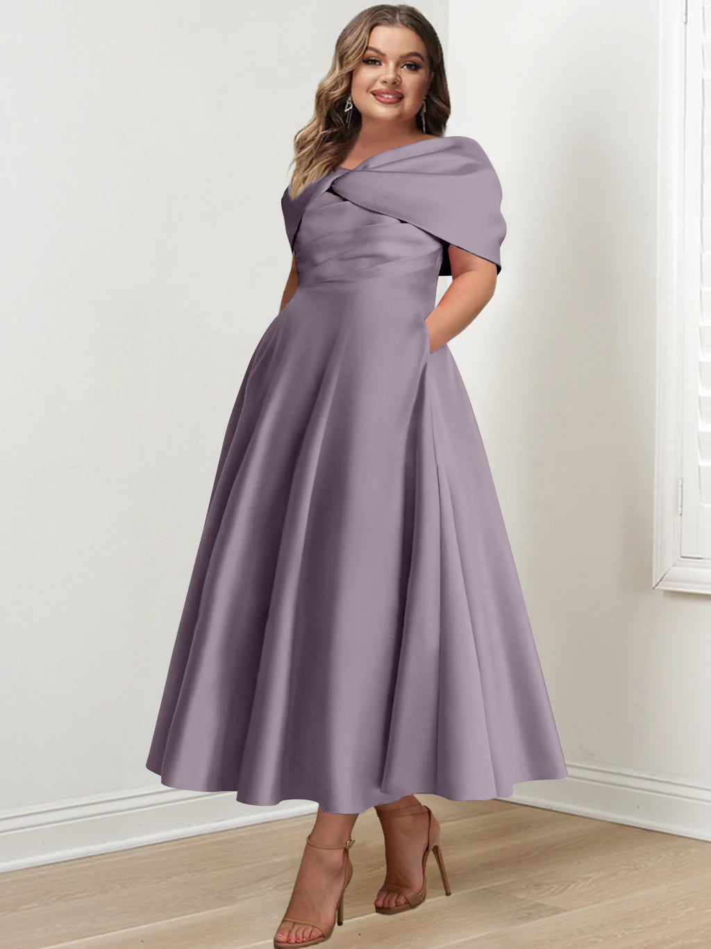 Plus Size Off The Shoulder A Line Ankle Length Mother Of The Bride Dress With Ruffles & Bowknot
