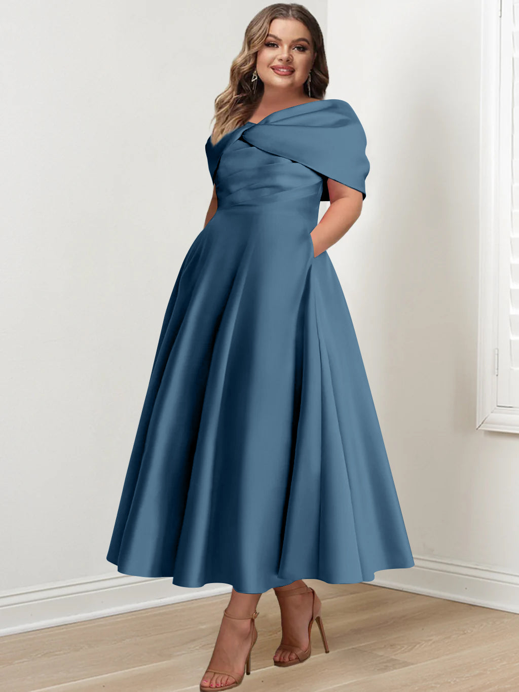 Plus Size Off The Shoulder A Line Ankle Length Mother Of The Bride Dress With Ruffles & Bowknot