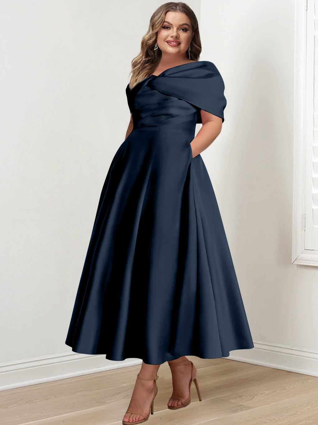 Plus Size Off The Shoulder A Line Ankle Length Mother Of The Bride Dress With Ruffles & Bowknot