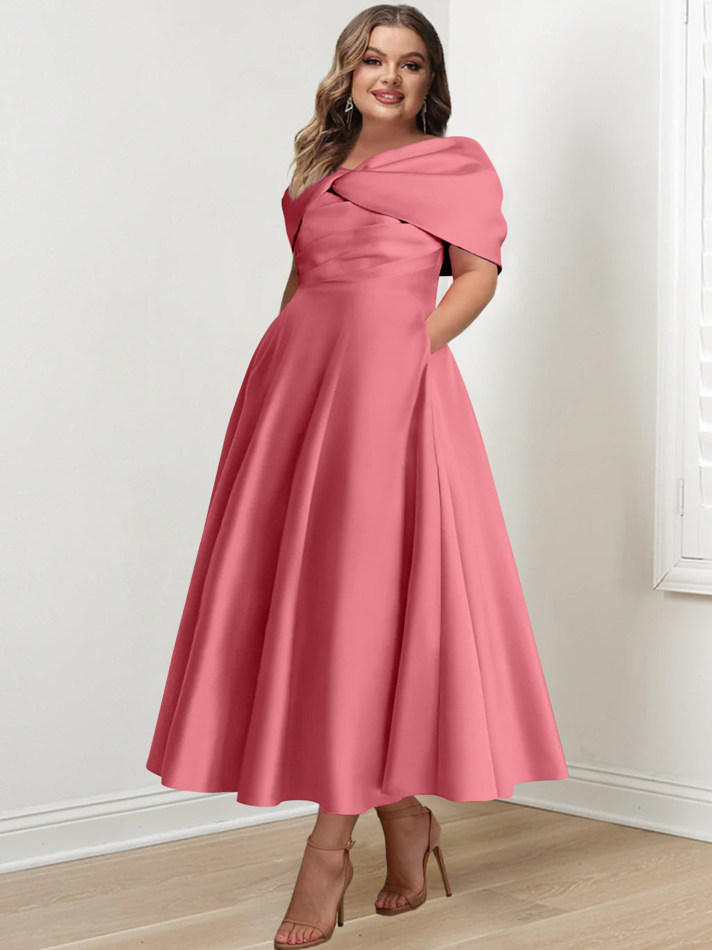 Plus Size Off The Shoulder A Line Ankle Length Mother Of The Bride Dress With Ruffles & Bowknot