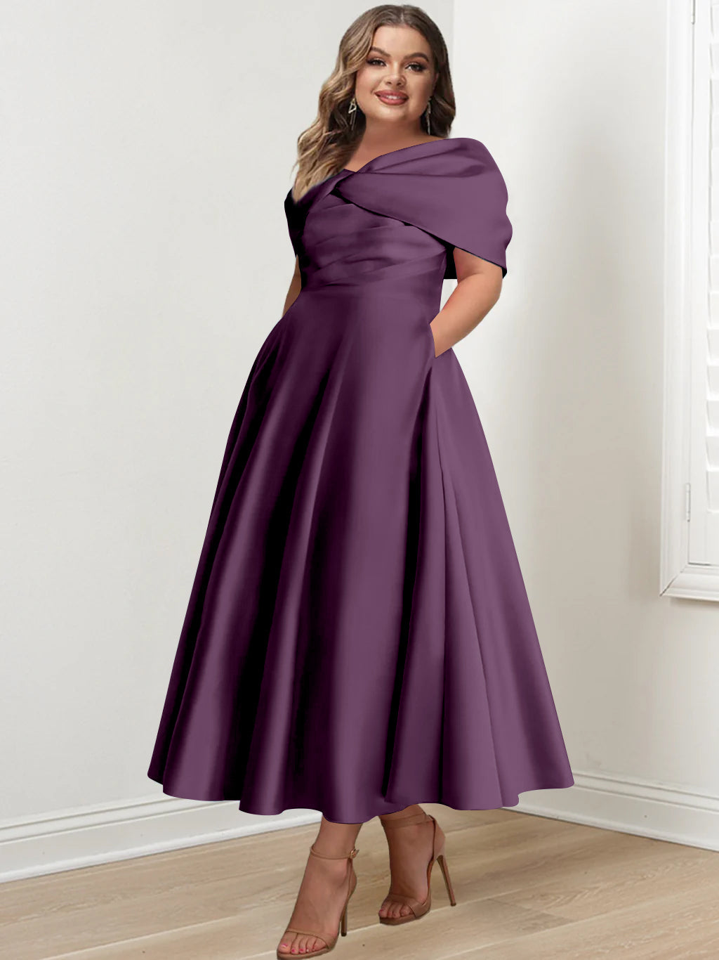 Plus Size Off The Shoulder A Line Ankle Length Mother Of The Bride Dress With Ruffles & Bowknot