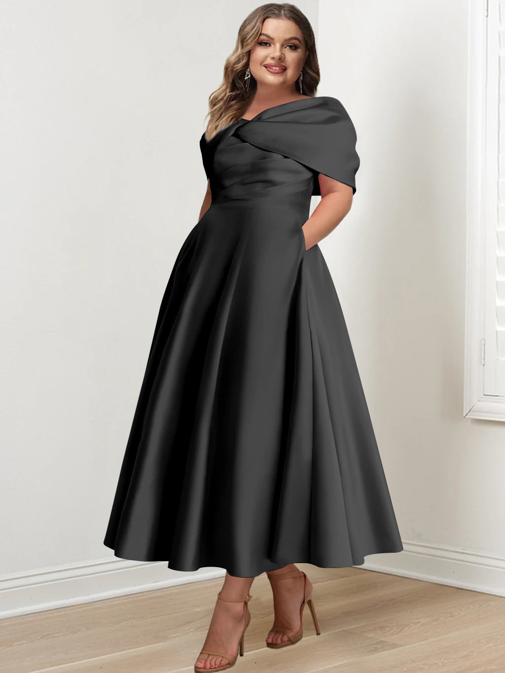 Plus Size Off The Shoulder A Line Ankle Length Mother Of The Bride Dress With Ruffles & Bowknot