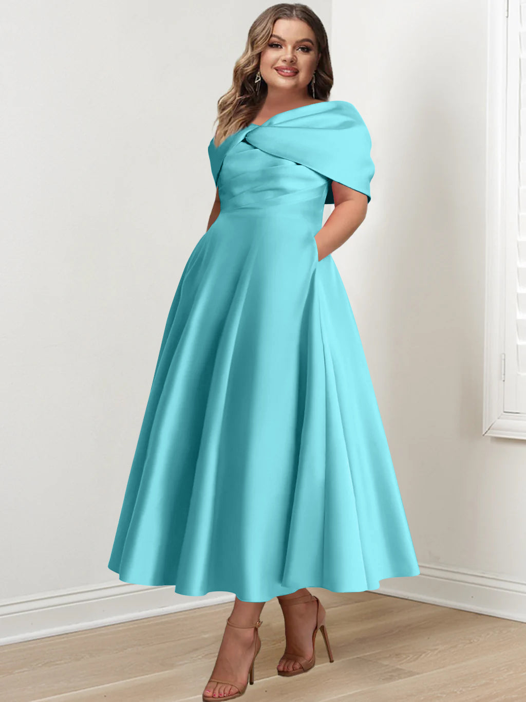 Plus Size Off The Shoulder A Line Ankle Length Mother Of The Bride Dress With Ruffles & Bowknot