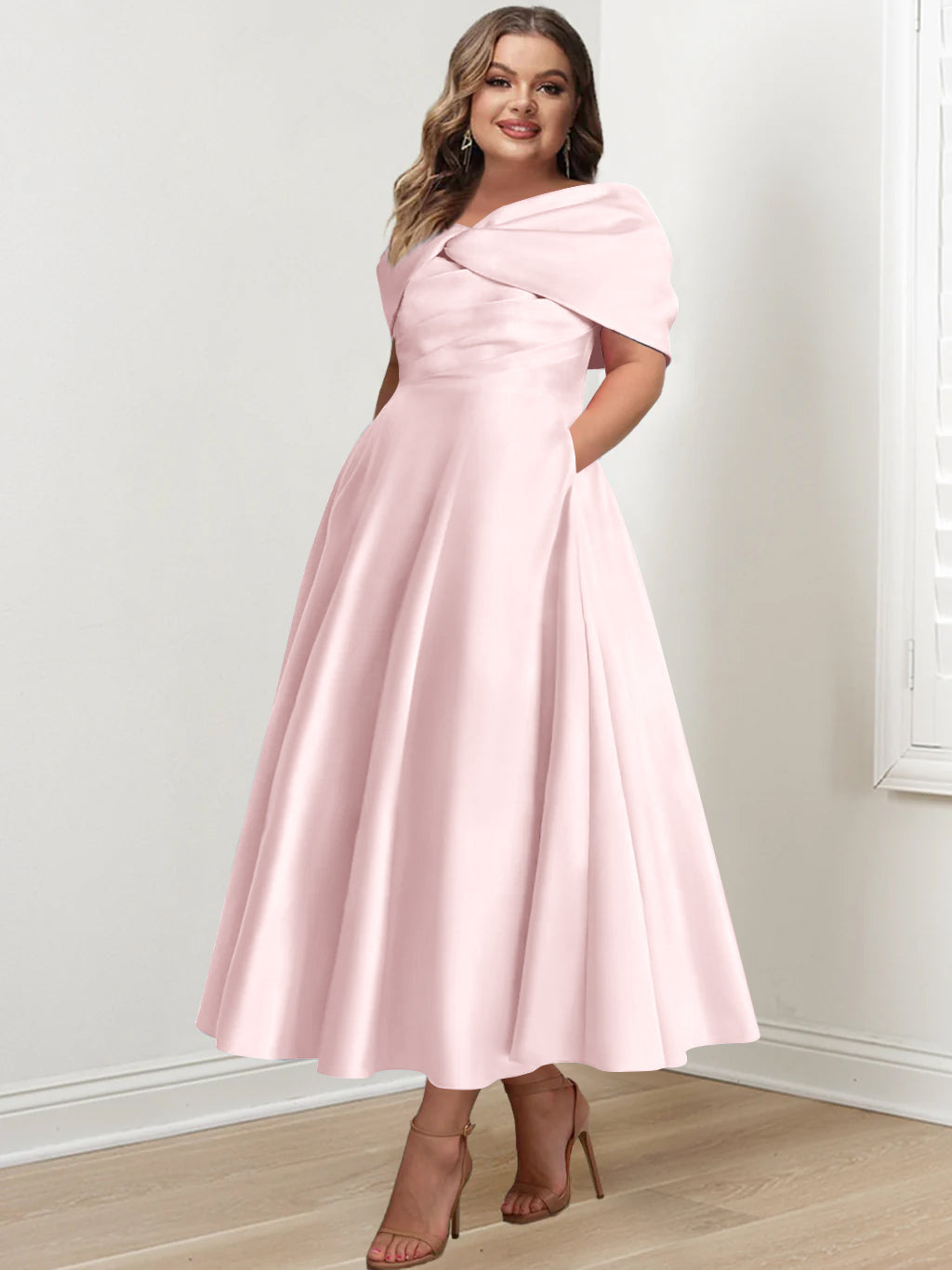 Plus Size Off The Shoulder A Line Ankle Length Mother Of The Bride Dress With Ruffles & Bowknot