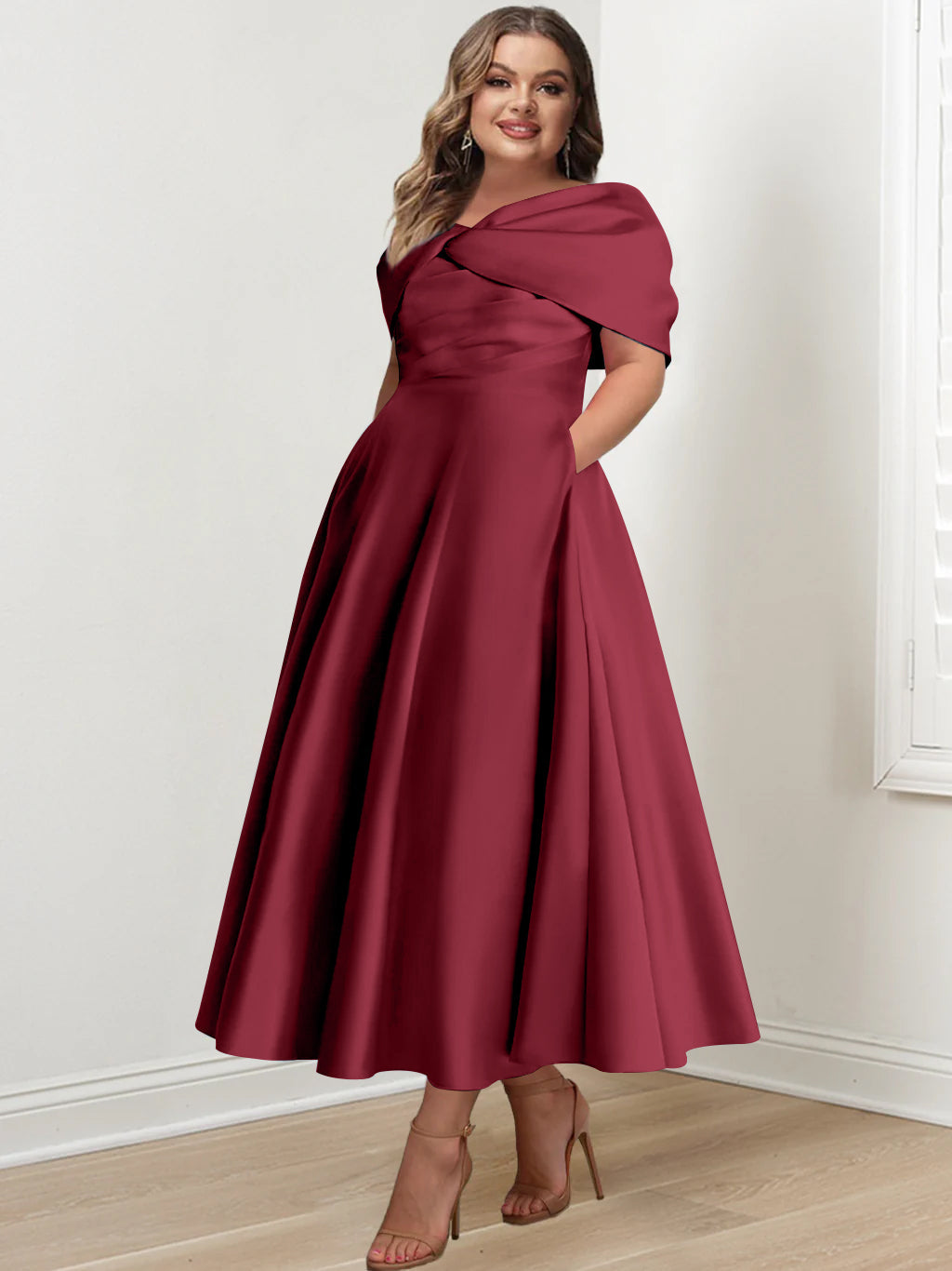 Plus Size Off The Shoulder A Line Ankle Length Mother Of The Bride Dress With Ruffles & Bowknot