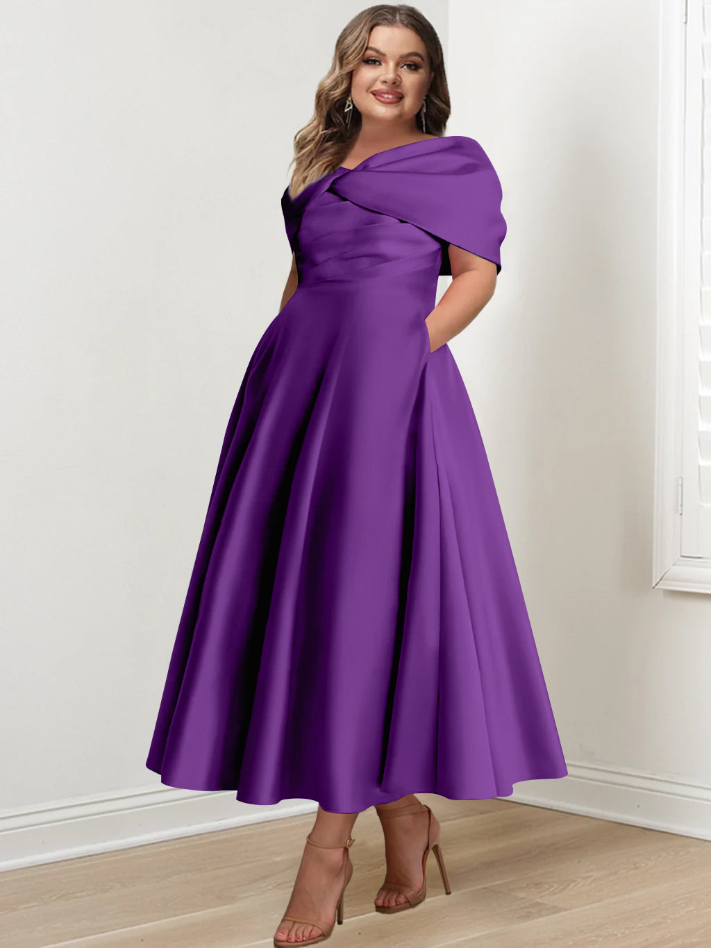 Plus Size Off The Shoulder A Line Ankle Length Mother Of The Bride Dress With Ruffles & Bowknot