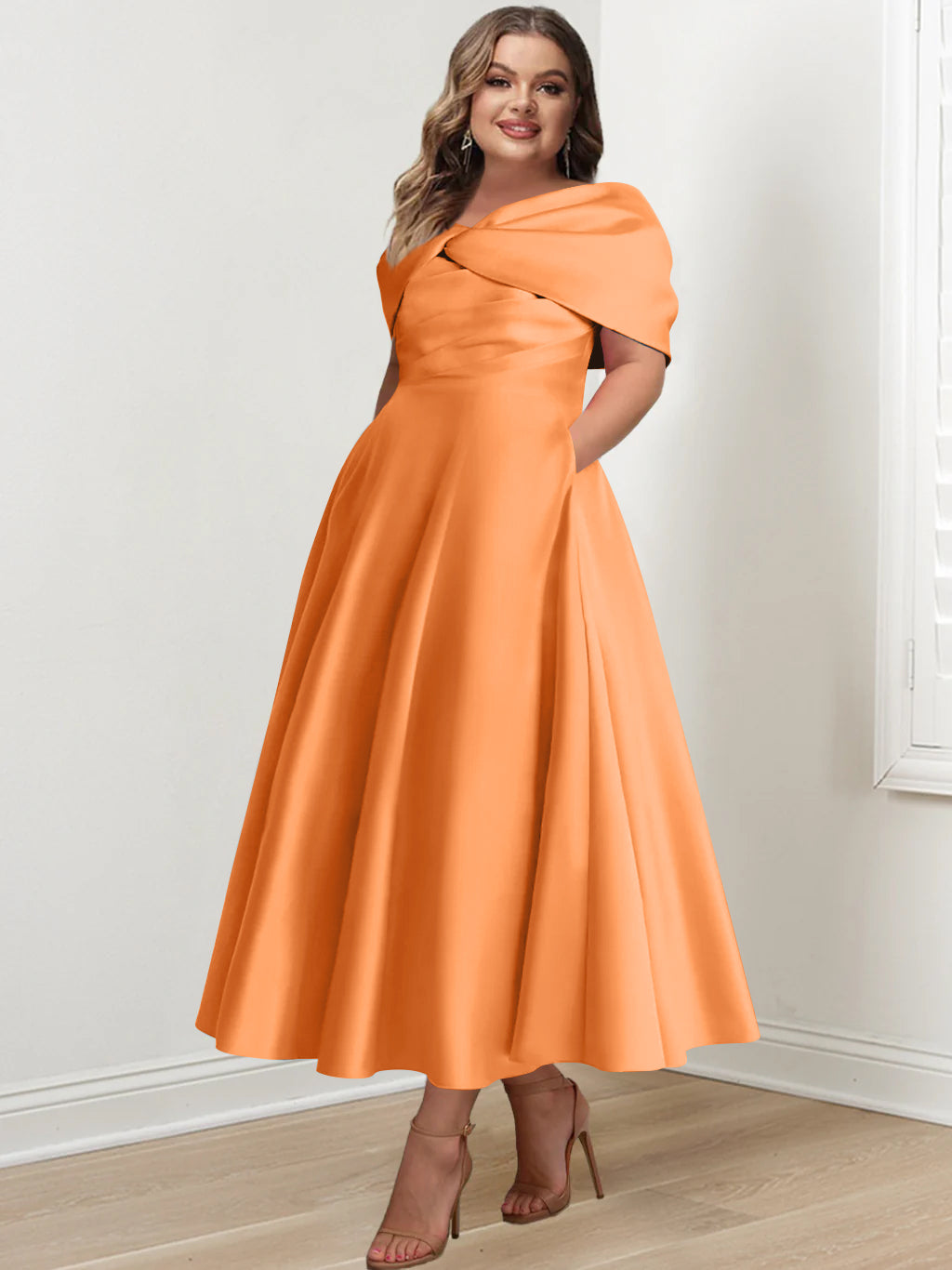 Plus Size Off The Shoulder A Line Ankle Length Mother Of The Bride Dress With Ruffles & Bowknot