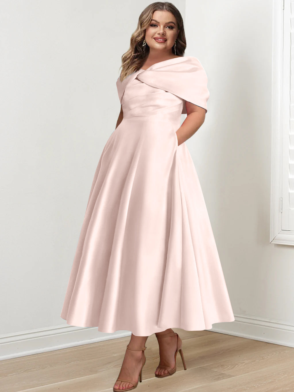Plus Size Off The Shoulder A Line Ankle Length Mother Of The Bride Dress With Ruffles & Bowknot
