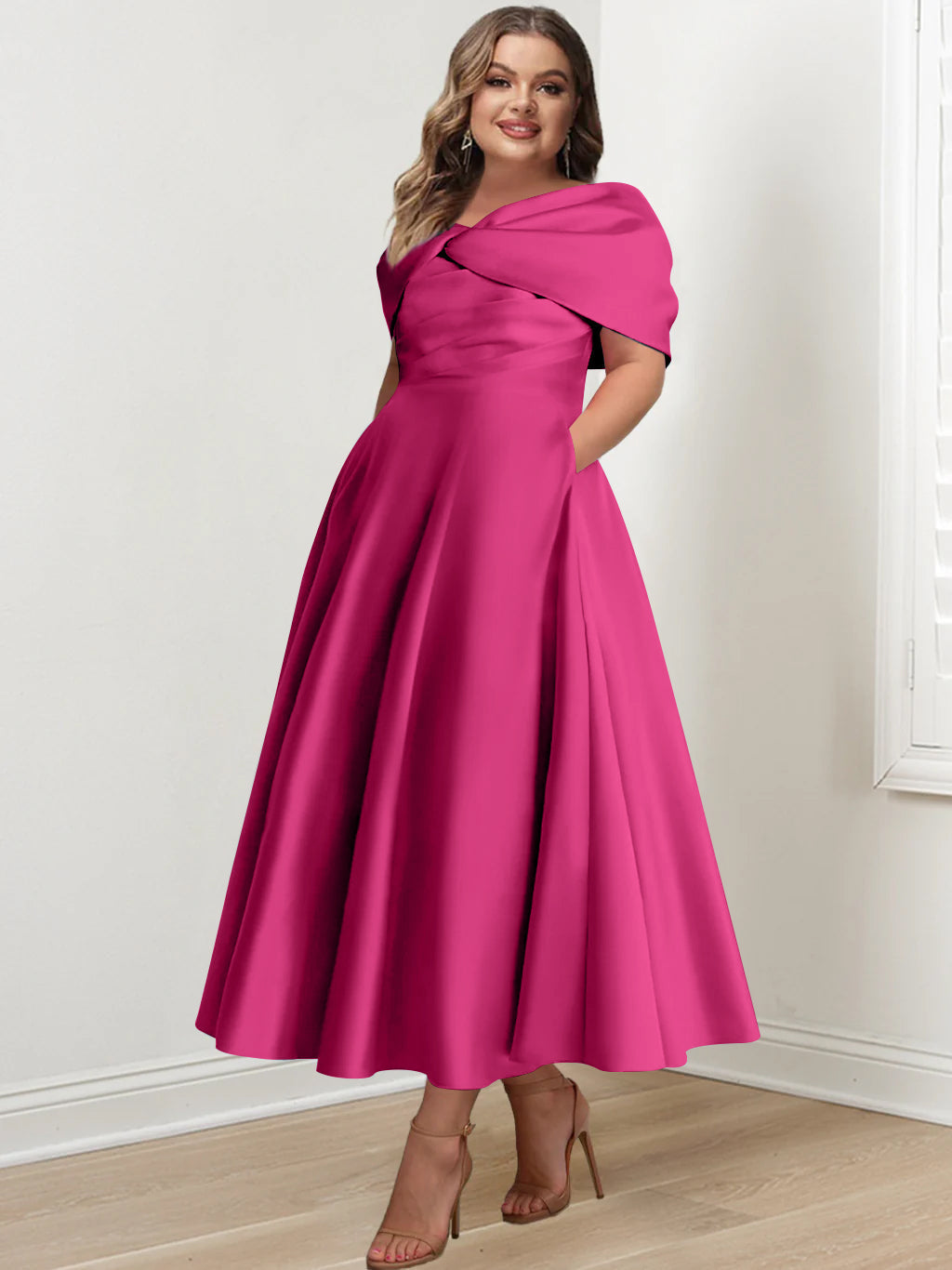 Plus Size Off The Shoulder A Line Ankle Length Mother Of The Bride Dress With Ruffles & Bowknot