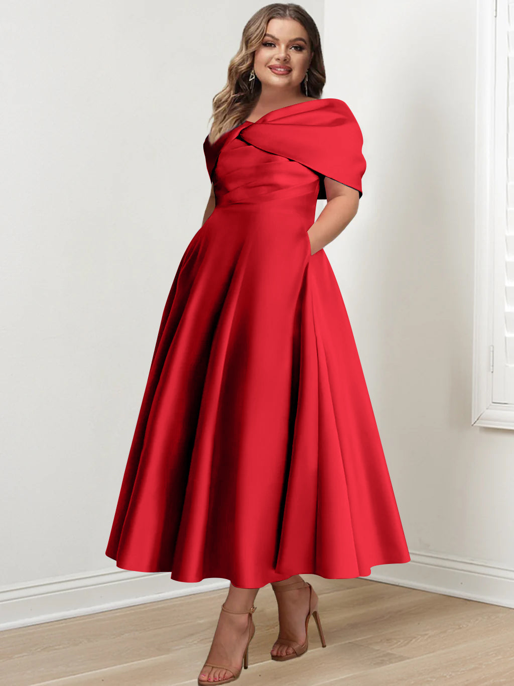 Plus Size Off The Shoulder A Line Ankle Length Mother Of The Bride Dress With Ruffles & Bowknot
