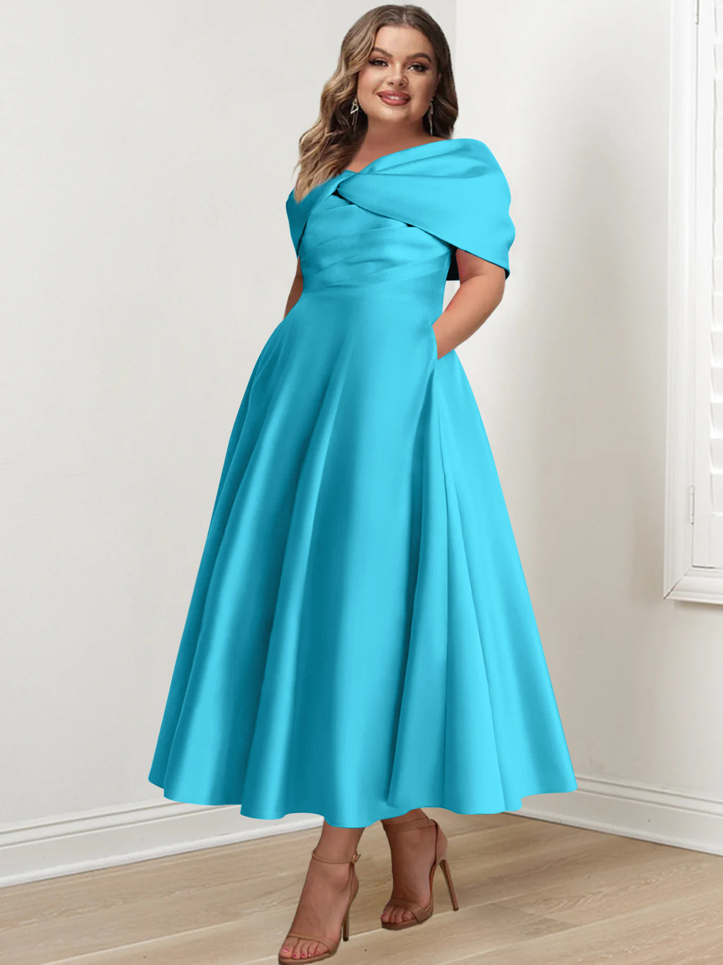 Plus Size Off The Shoulder A Line Ankle Length Mother Of The Bride Dress With Ruffles & Bowknot