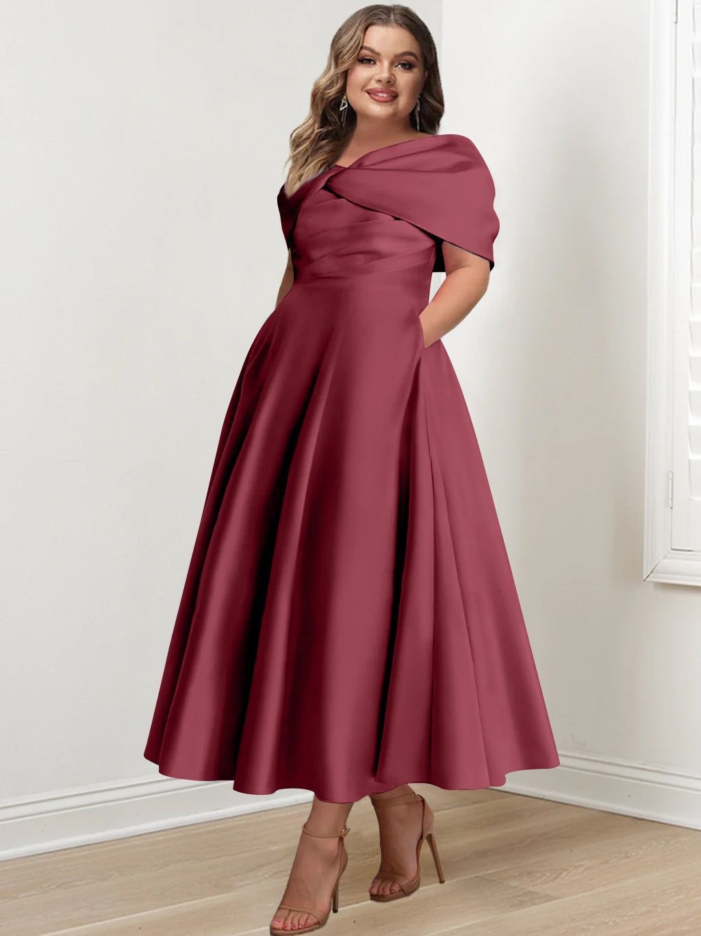 Plus Size Off The Shoulder A Line Ankle Length Mother Of The Bride Dress With Ruffles & Bowknot