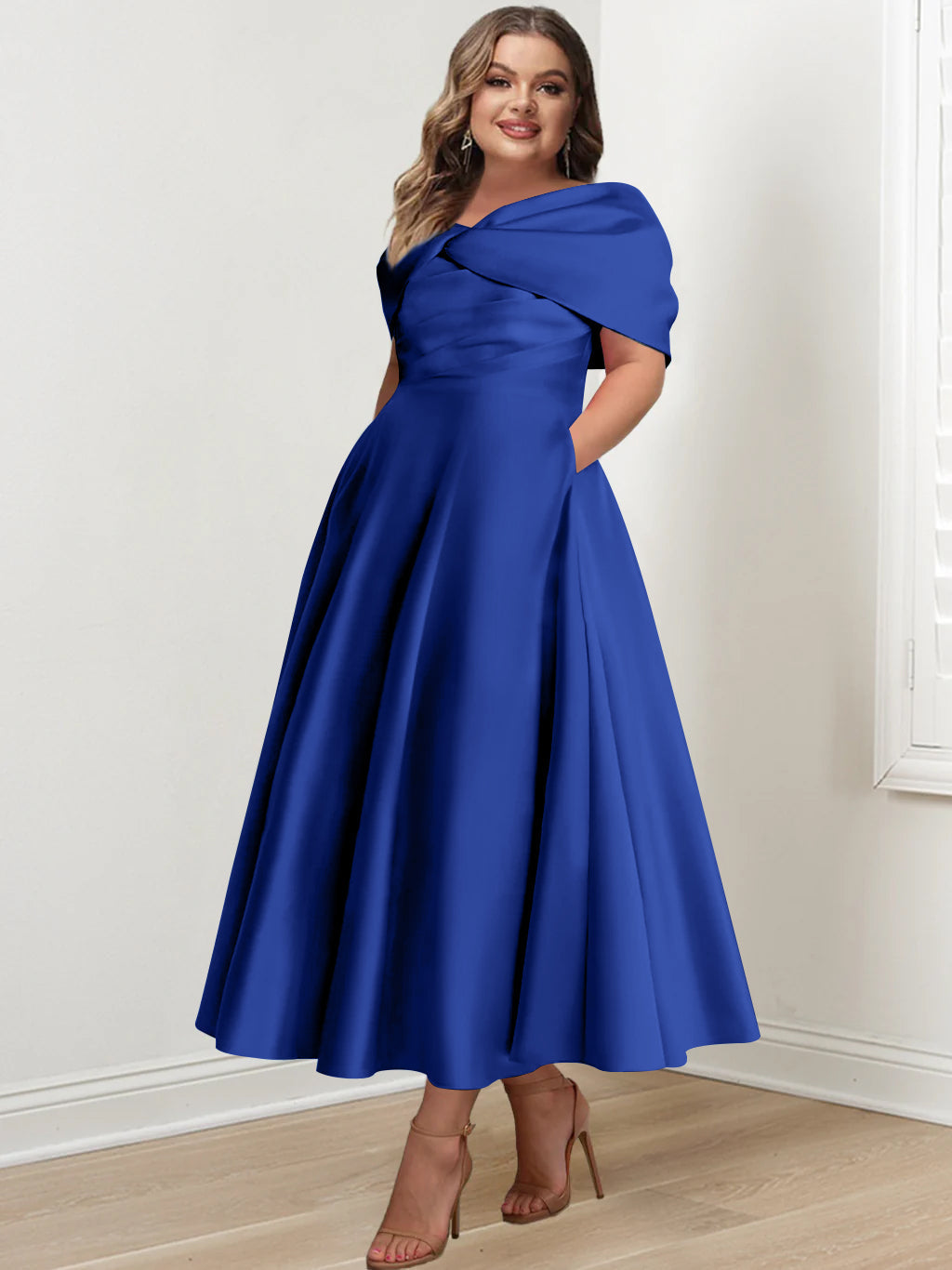 Plus Size Off The Shoulder A Line Ankle Length Mother Of The Bride Dress With Ruffles & Bowknot