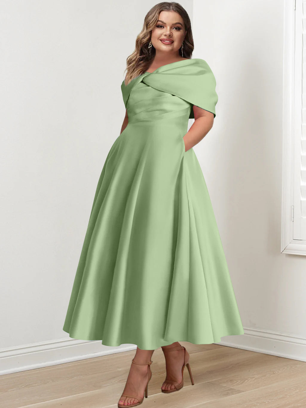 Plus Size Off The Shoulder A Line Ankle Length Mother Of The Bride Dress With Ruffles & Bowknot
