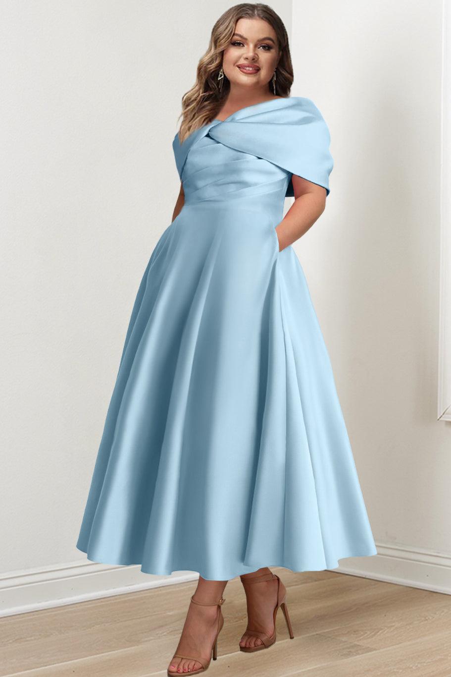 Plus Size Off The Shoulder A Line Ankle Length Mother Of The Bride Dress With Ruffles & Bowknot