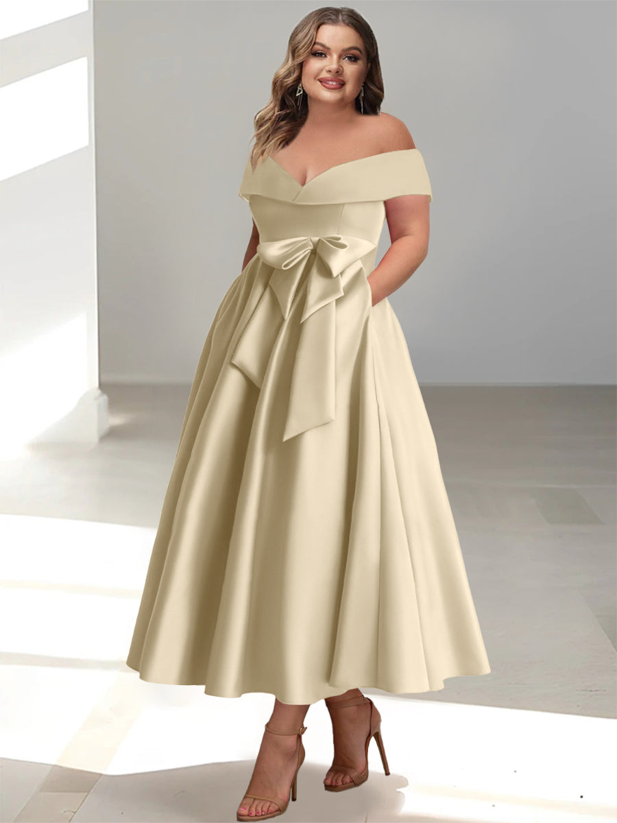 Plus Size Off the Shoulder Sleeveless A Line Mother of the Bride Ankle Length Dress with Pockets