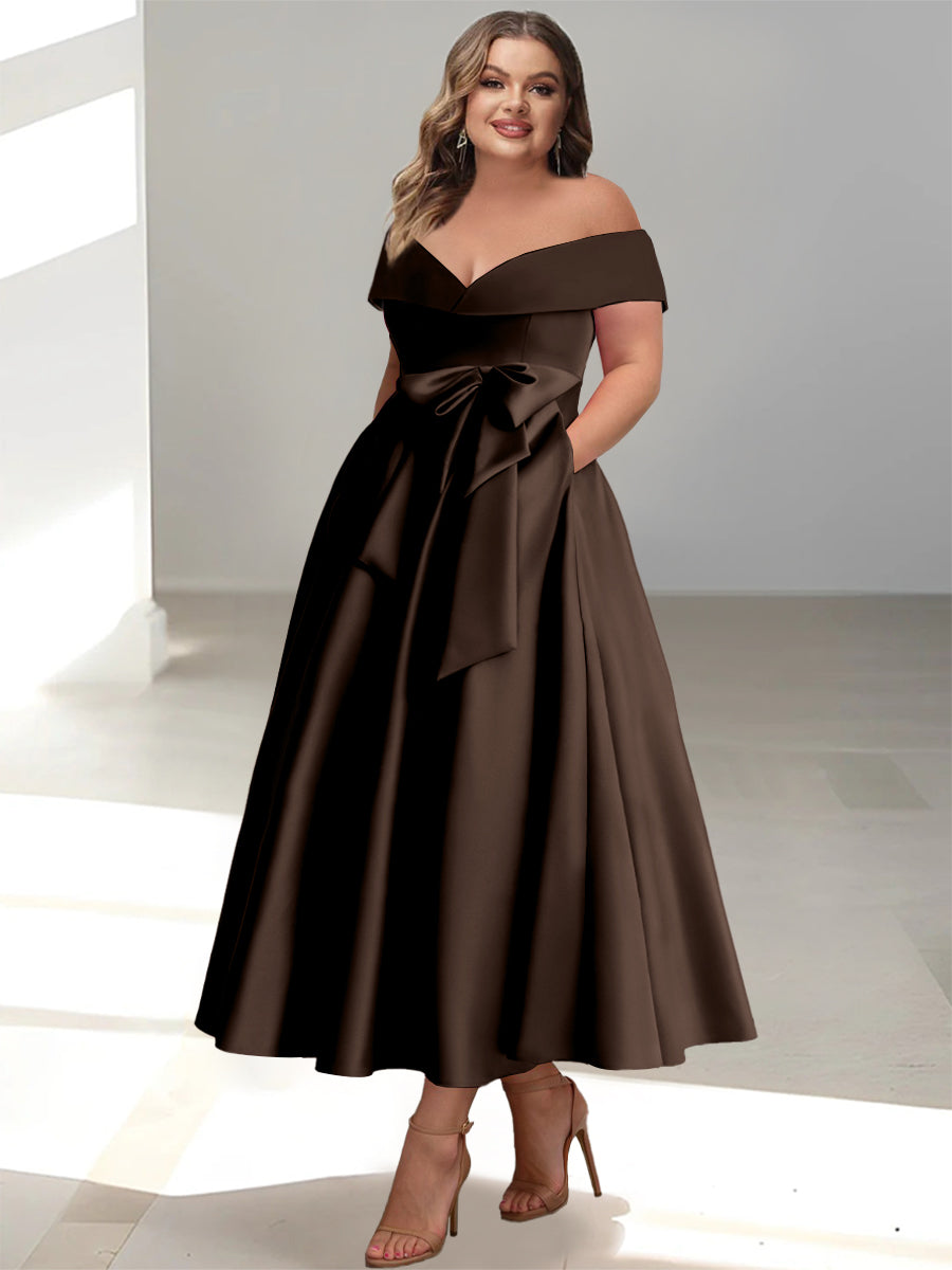 Plus Size Off the Shoulder Sleeveless A Line Mother of the Bride Ankle Length Dress with Pockets