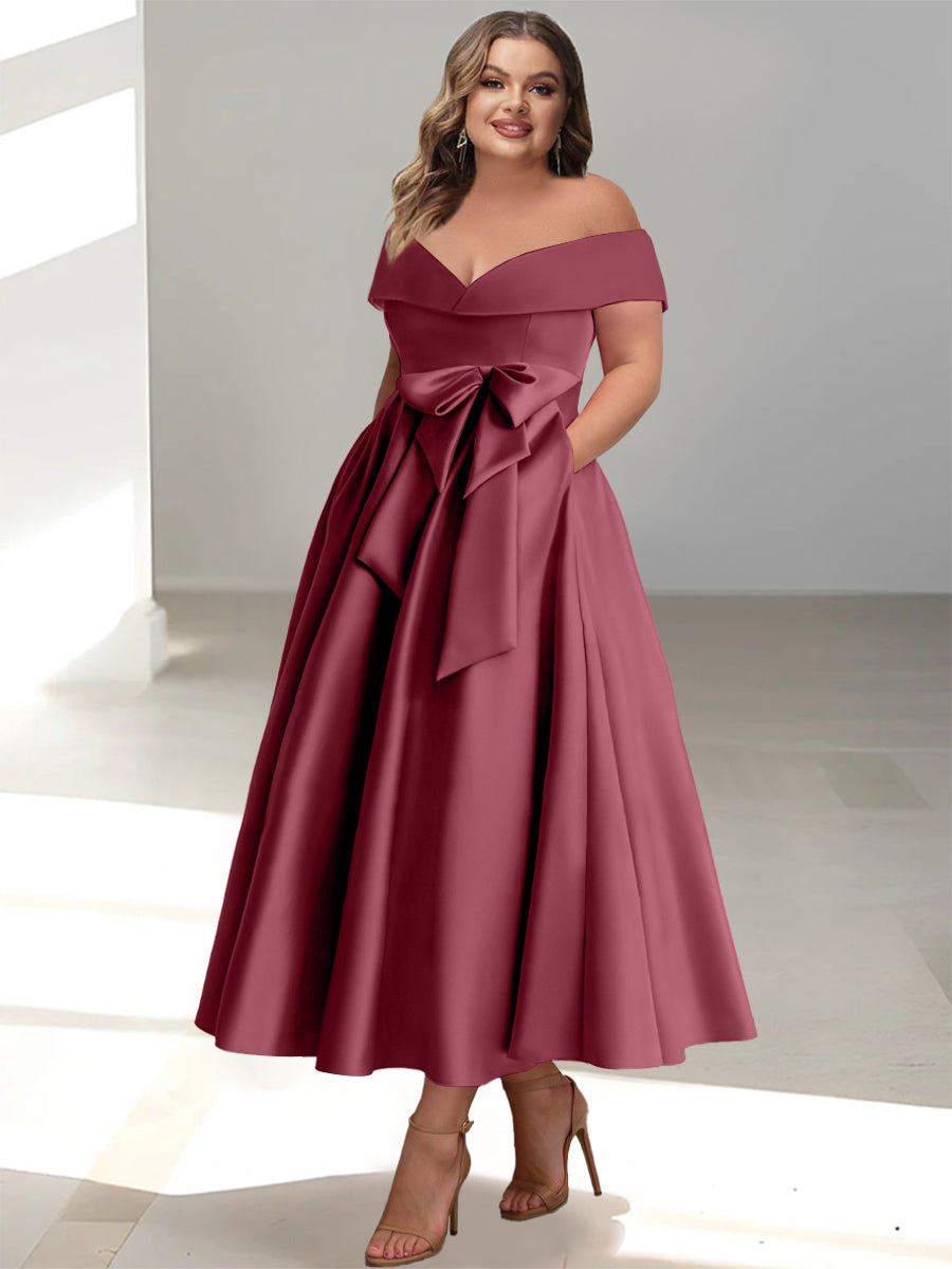 Plus Size Off the Shoulder Sleeveless A Line Mother of the Bride Ankle Length Dress with Pockets