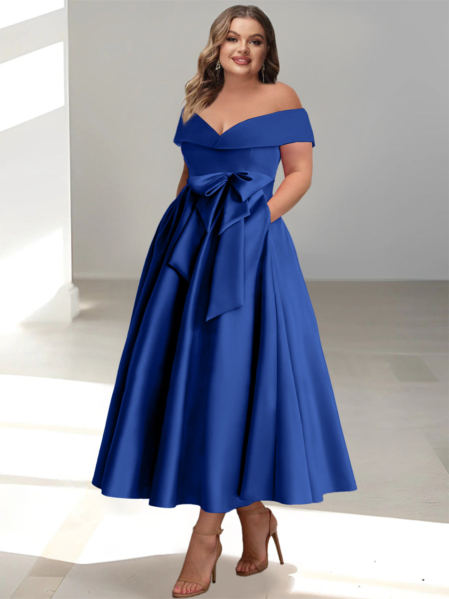 Plus Size Off the Shoulder Sleeveless A Line Mother of the Bride Ankle Length Dress with Pockets