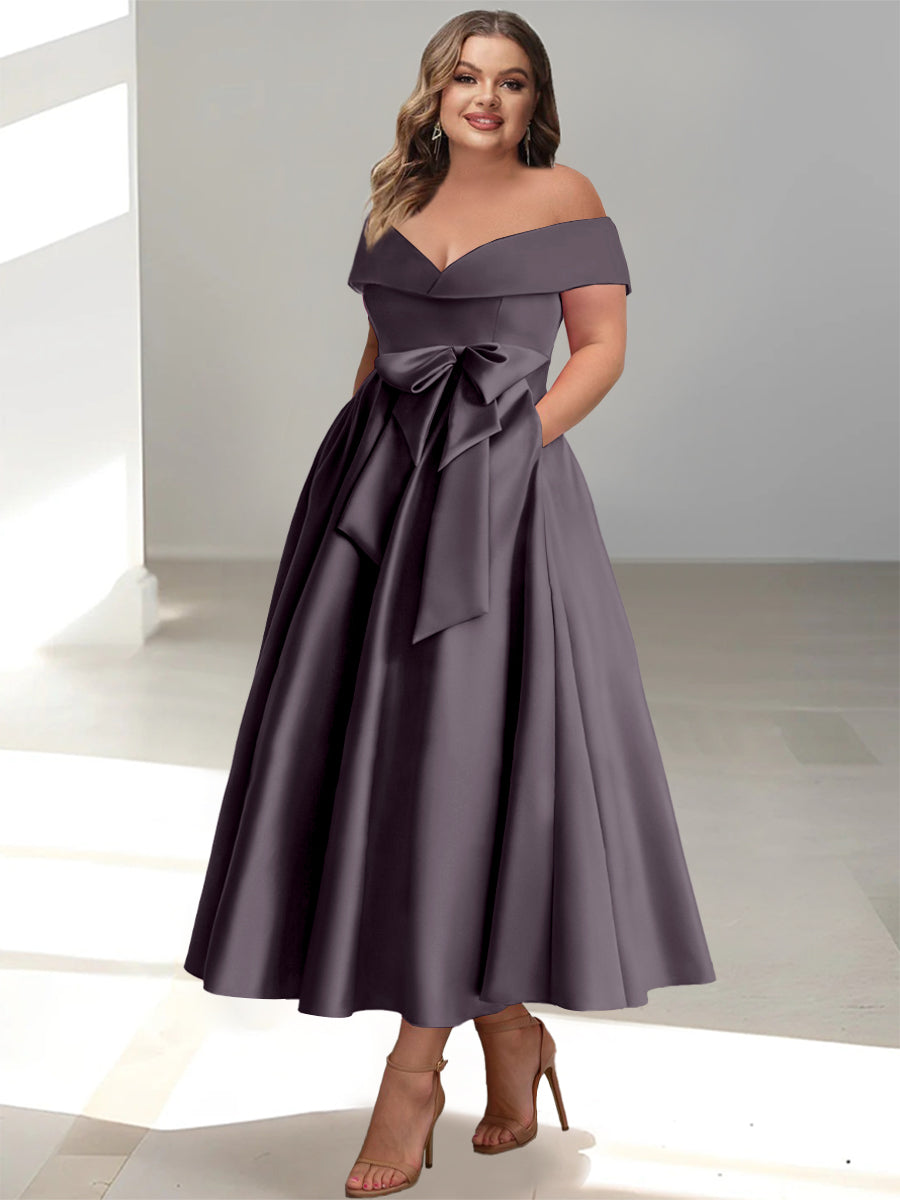 Plus Size Off the Shoulder Sleeveless A Line Mother of the Bride Ankle Length Dress with Pockets