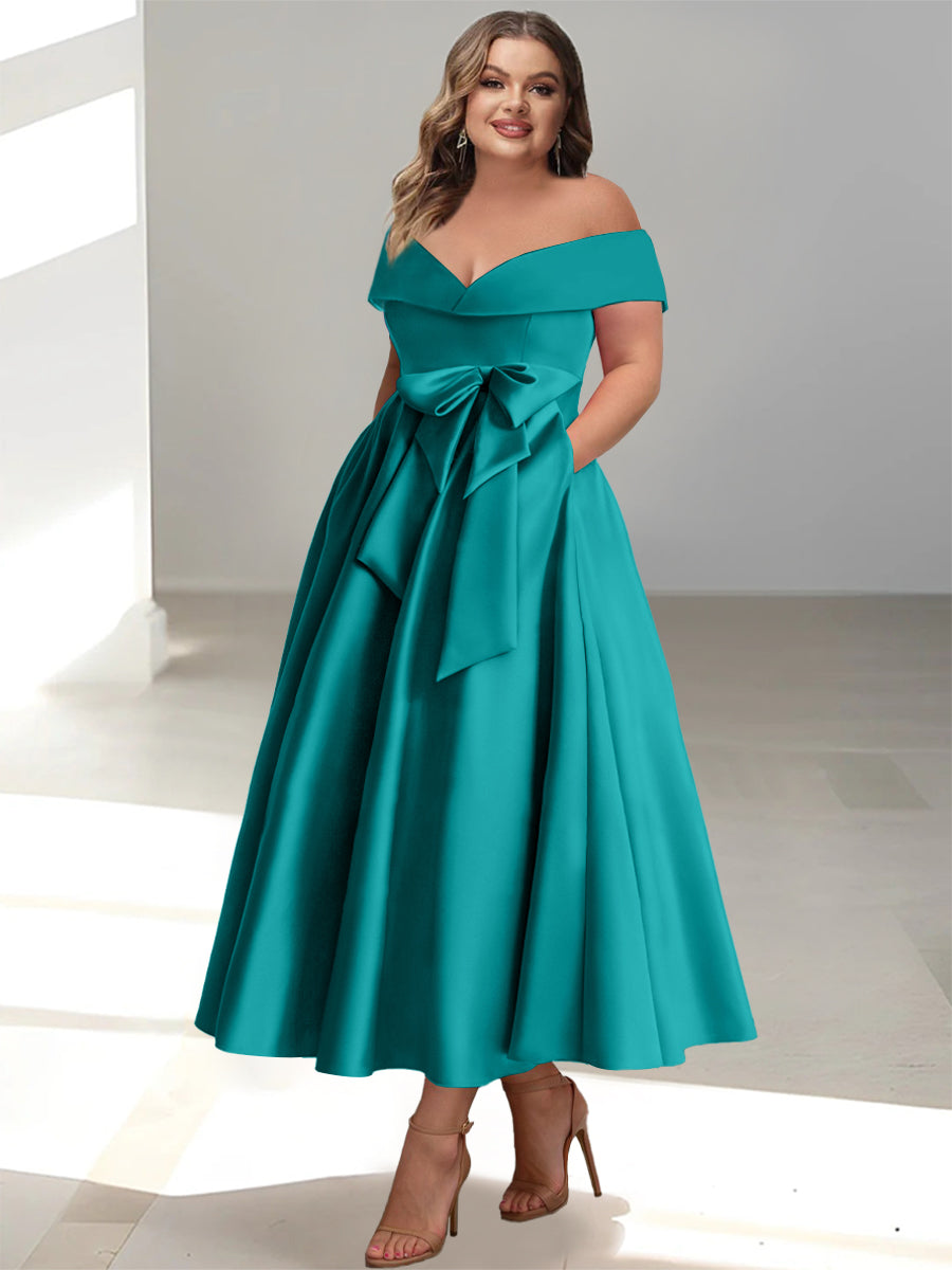 Plus Size Off the Shoulder Sleeveless A Line Mother of the Bride Ankle Length Dress with Pockets