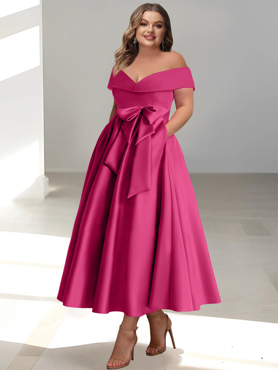 Plus Size Off the Shoulder Sleeveless A Line Mother of the Bride Ankle Length Dress with Pockets
