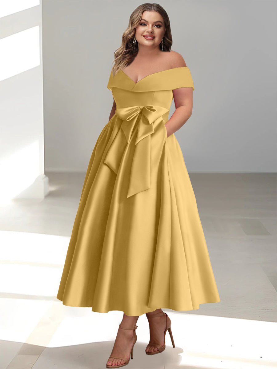 Plus Size Off the Shoulder Sleeveless A Line Mother of the Bride Ankle Length Dress with Pockets