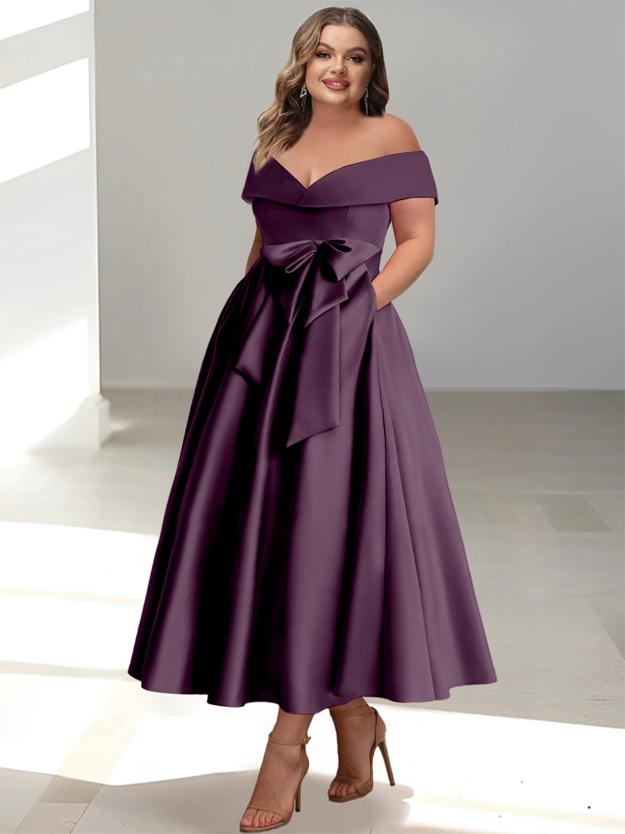 Plus Size Off the Shoulder Sleeveless A Line Mother of the Bride Ankle Length Dress with Pockets