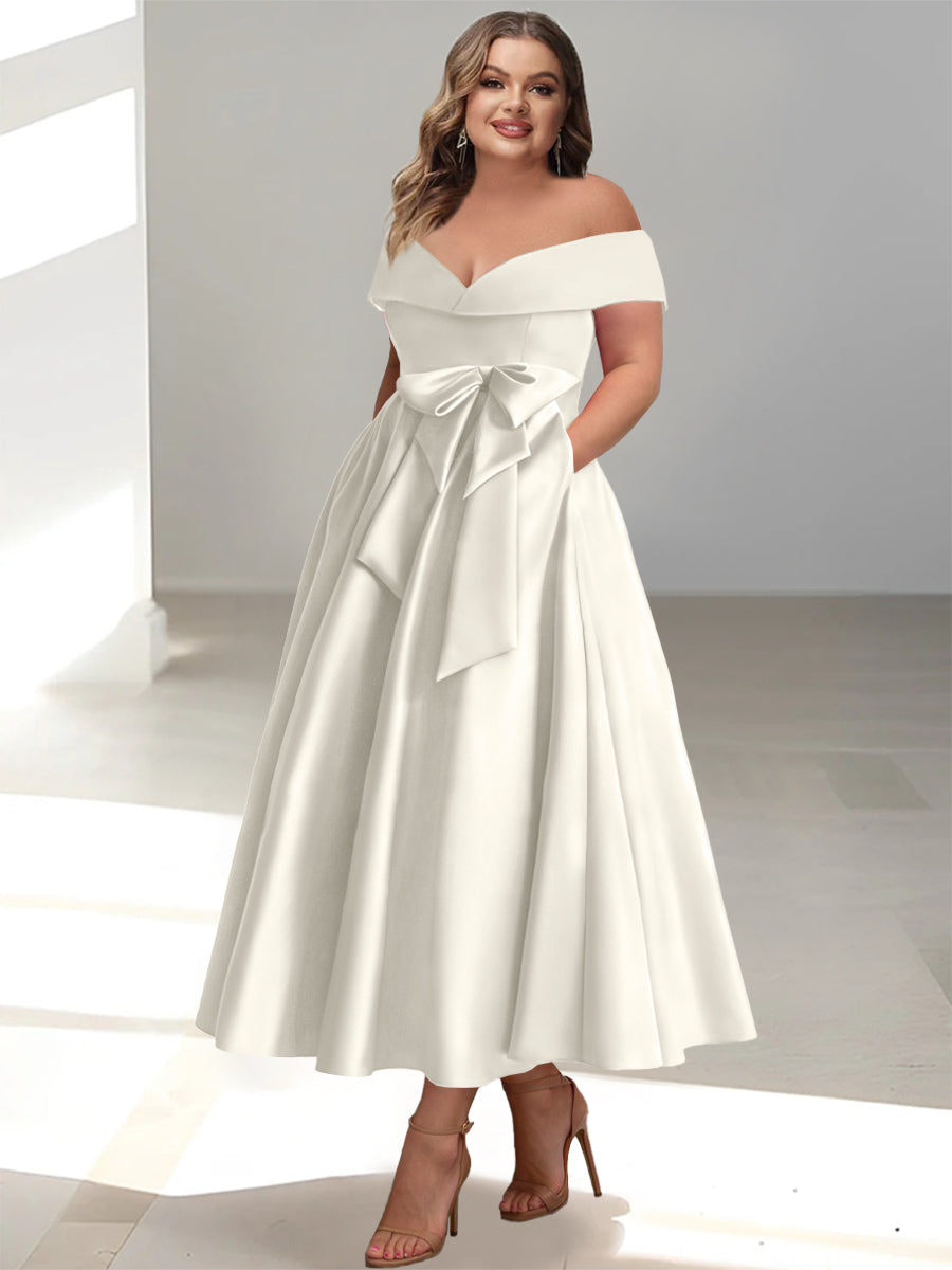 Plus Size Off the Shoulder Sleeveless A Line Mother of the Bride Ankle Length Dress with Pockets