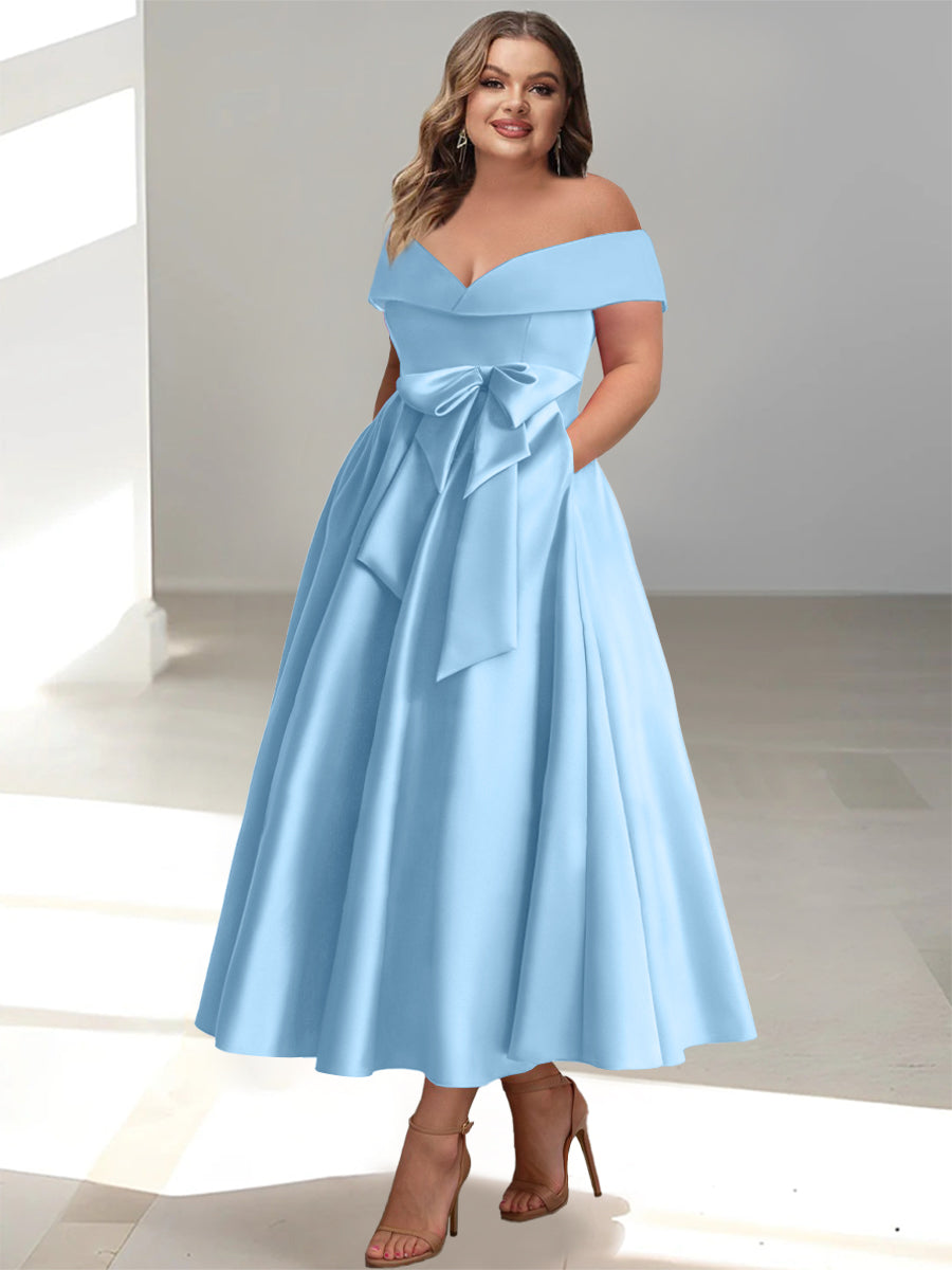 Plus Size Off the Shoulder Sleeveless A Line Mother of the Bride Ankle Length Dress with Pockets