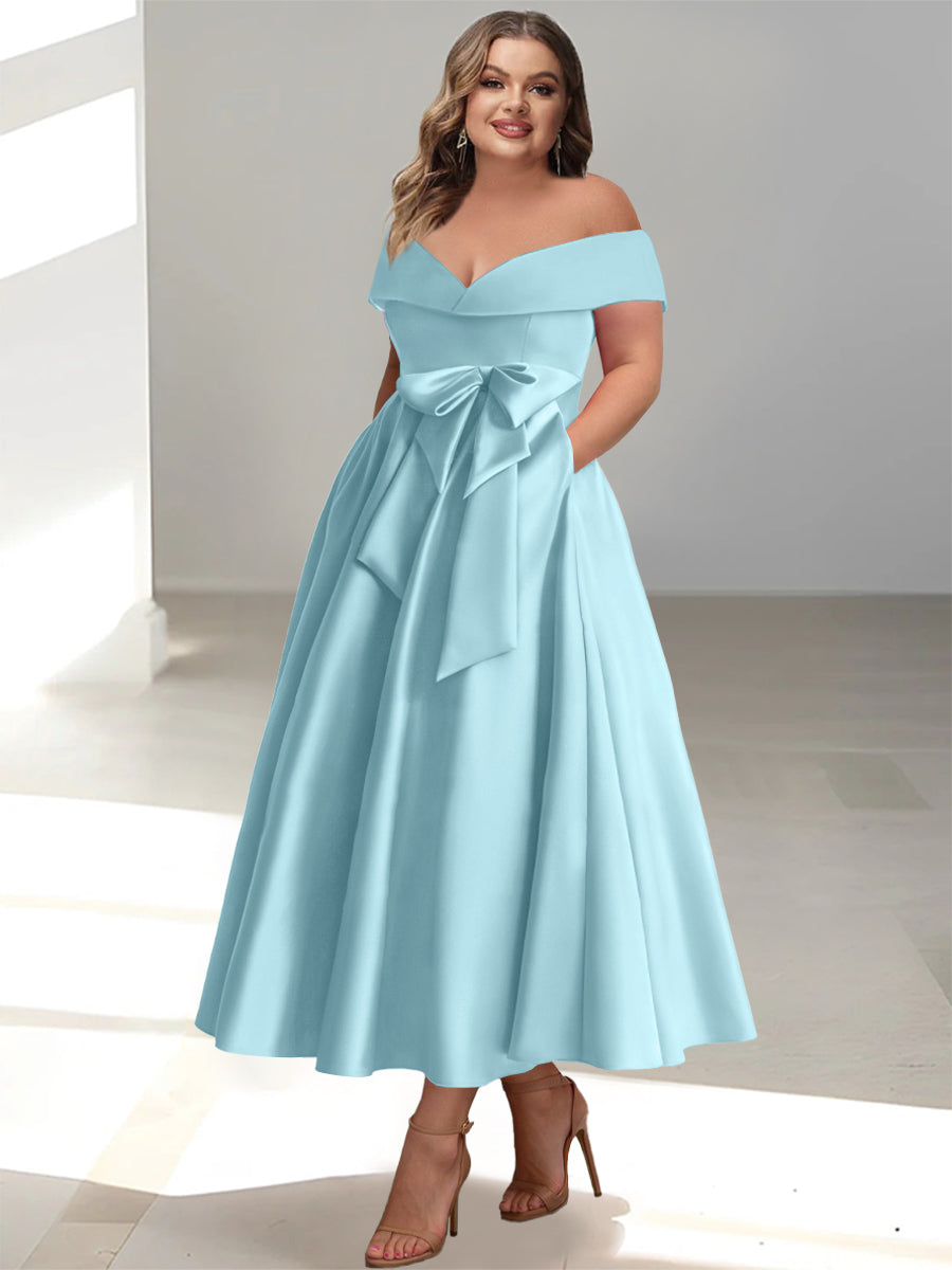 Plus Size Off the Shoulder Sleeveless A Line Mother of the Bride Ankle Length Dress with Pockets