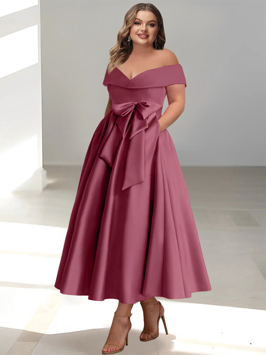 Plus Size Off the Shoulder Sleeveless A Line Mother of the Bride Ankle Length Dress with Pockets
