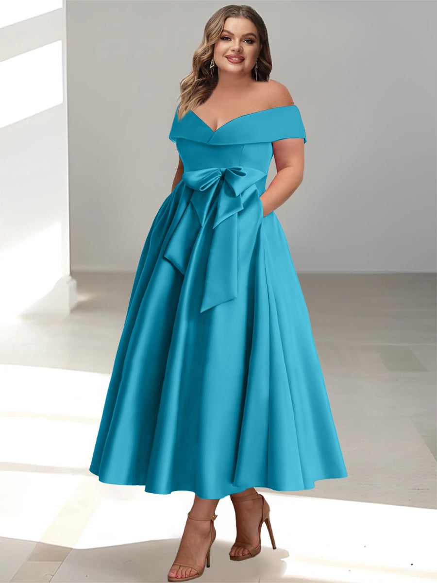 Plus Size Off the Shoulder Sleeveless A Line Mother of the Bride Ankle Length Dress with Pockets