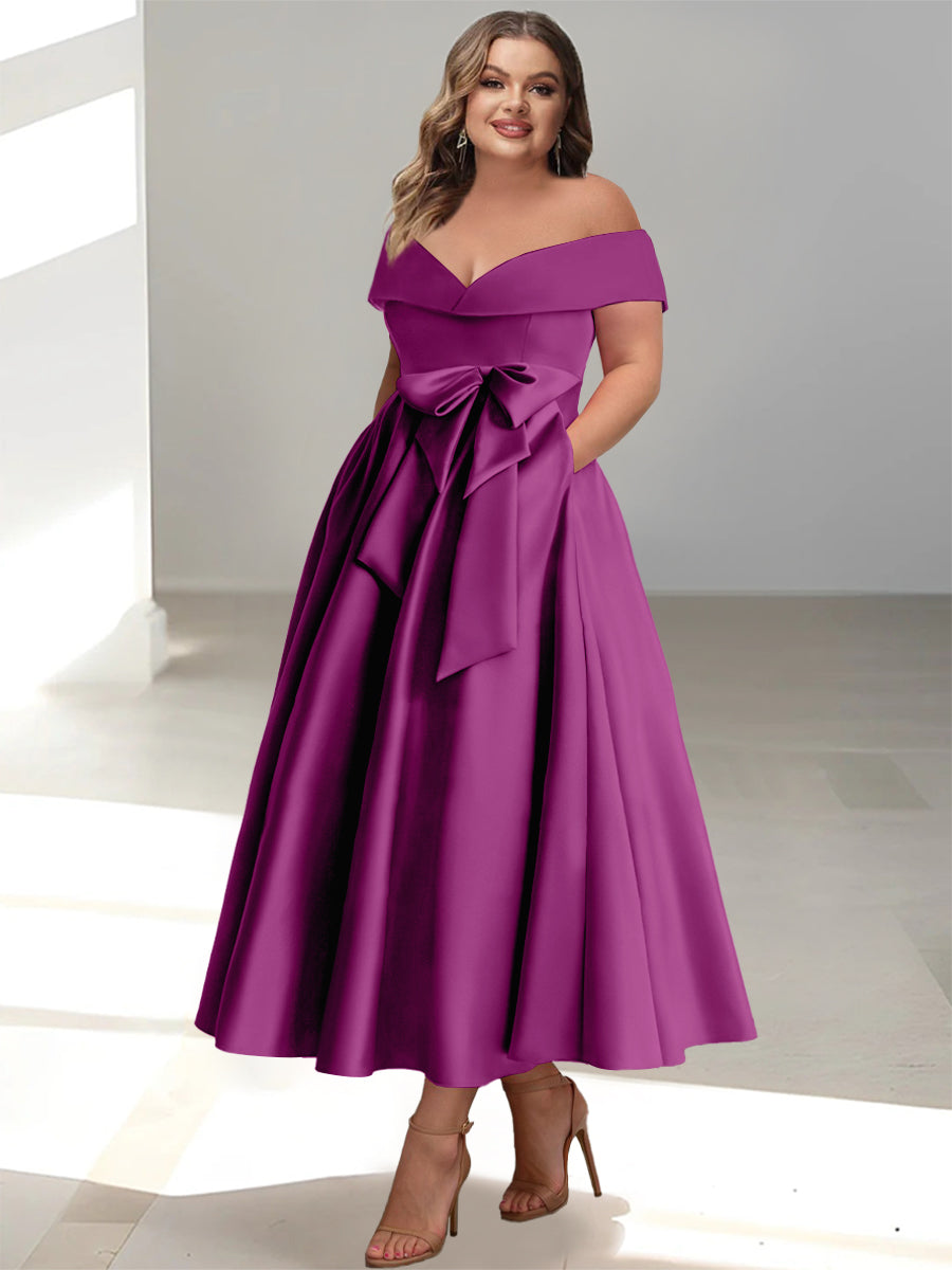Plus Size Off the Shoulder Sleeveless A Line Mother of the Bride Ankle Length Dress with Pockets