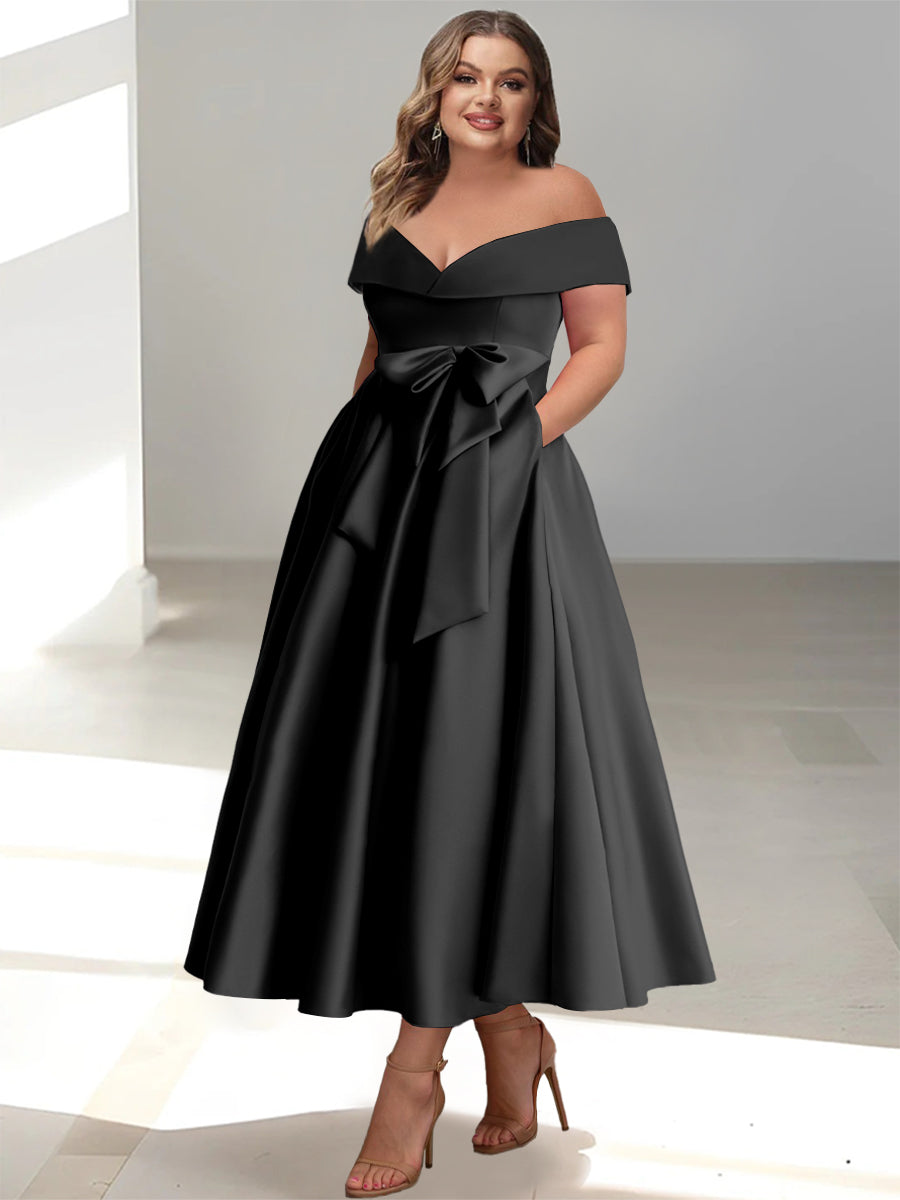 Plus Size Off the Shoulder Sleeveless A Line Mother of the Bride Ankle Length Dress with Pockets
