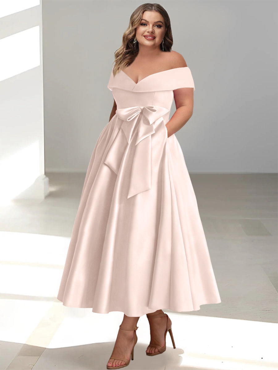 Plus Size Off the Shoulder Sleeveless A Line Mother of the Bride Ankle Length Dress with Pockets
