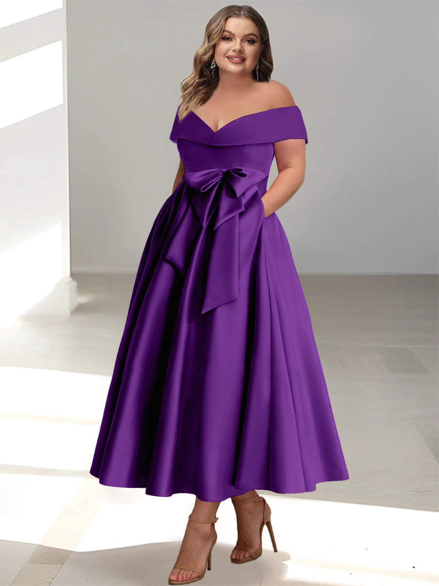 Plus Size Off the Shoulder Sleeveless A Line Mother of the Bride Ankle Length Dress with Pockets