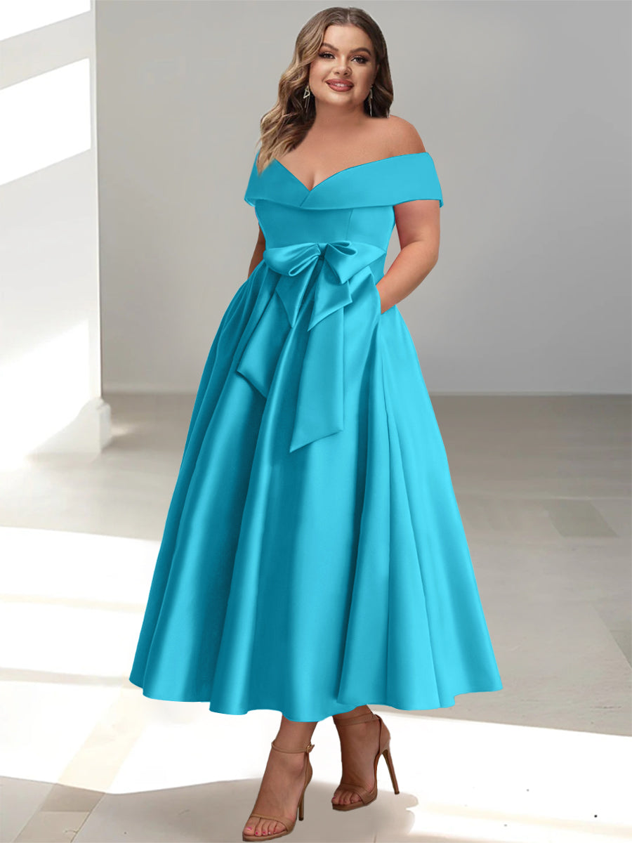 Plus Size Off the Shoulder Sleeveless A Line Mother of the Bride Ankle Length Dress with Pockets