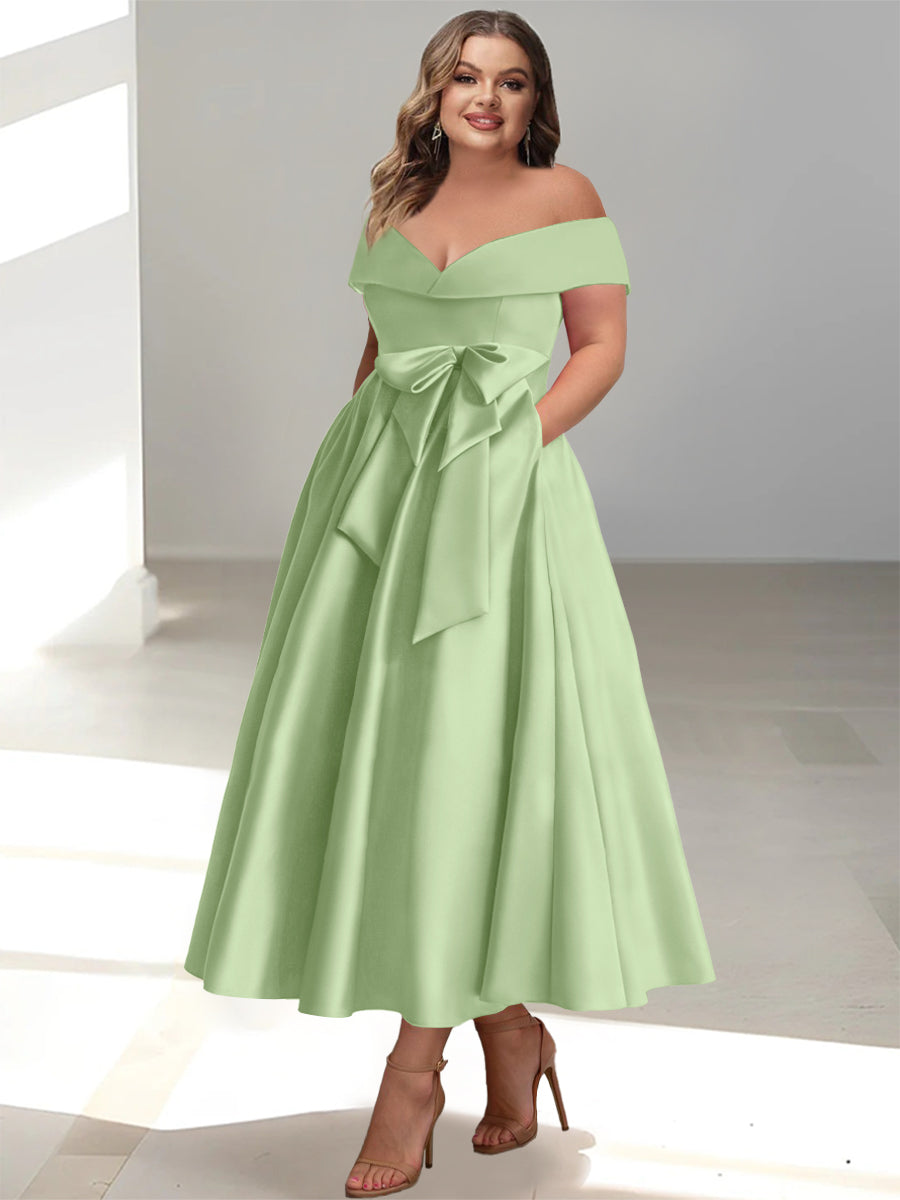Plus Size Off the Shoulder Sleeveless A Line Mother of the Bride Ankle Length Dress with Pockets