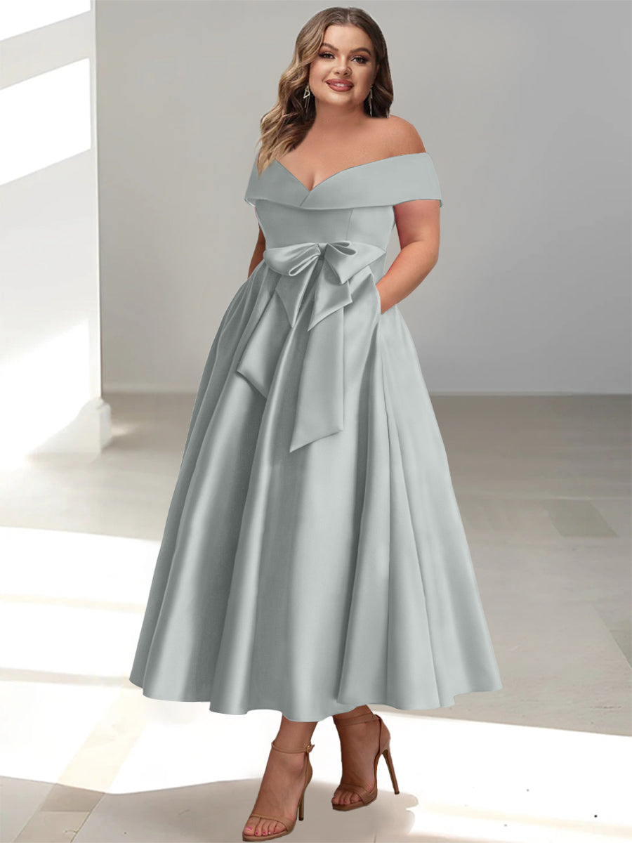 Plus Size Off the Shoulder Sleeveless A Line Mother of the Bride Ankle Length Dress with Pockets